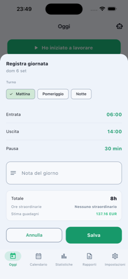 Hoja de registro manual de jornada de Pomytime, con turno, entrada, salida, pausa y estimación de ganancias