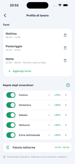 Pantalla de configuración de reglas de horas extra de Pomytime, con porcentajes por festivo, domingo, sábado y nocturno